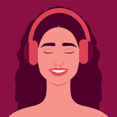 Beautiful smiling woman listening to music in headphones. Happy girl in headphones. Avatar. Vector illustration