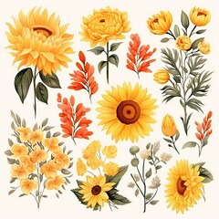 Blumen zum Dekorieren einer Hochzeitskarte mit 
Sonnenblumen und Dahlien in gelben und roten Farbtönen, Aquarell Stil, 2, AI generiert