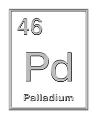 Palladium, chemical element, taken from periodic table, with relief shape. Noble, precious metal with chemical symbol Pd, and atomic number 46. Named after the asteroid Pallas. Isolated illustration.