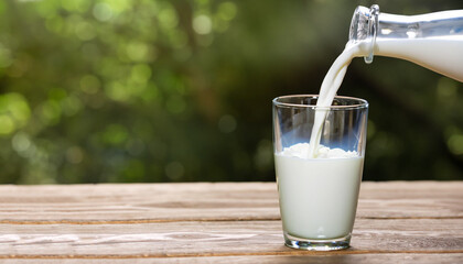 milk pouring into glass on wooden table outdoors