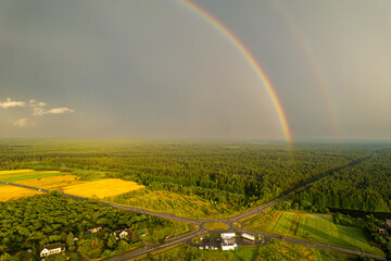 Aerial summer storm rainbow view of Merkine, Merkys and Nemunas rivers, Lithuania