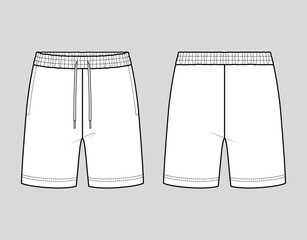 Sweat shorts with elastic waist. Unisex style. Vector technical sketch. Mockup template.