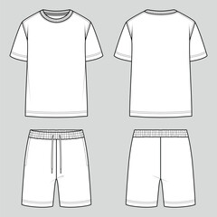Unisex set. T-shirt round neck and sweat shorts with elastic waist. Oversize fit. Unisex style. Vector technical sketch. Mockup template.