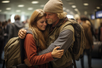 a heartfelt farewell at a departure gate, with loved ones bidding goodbye to travelers, emphasizing the bittersweet nature of travel Generative AI