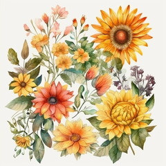 Fototapeta na wymiar Blumen zum Dekorieren einer Hochzeitskarte mit Sonnenblumen und Dahlien in gelben und roten Farbtönen, Aquarell Stil, 16, AI generiert