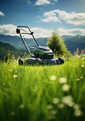 Fototapeta premium A lawn mower is being used to mow the grass. Generative Ai.