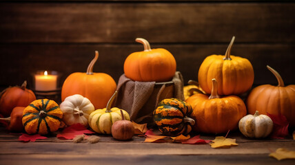 Thanksgiving season still life with colorful small pumpkins, acorn squash, soft blanket and fall leaves over rustic wooden background, Blurry background, template, Bokeh, Copy Space, Generative AI