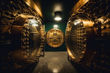Exploring the Wealth of a Bank Vault: Unveiling the Golden Walls, Stacks of Gold Bars, and Currency Reserves, Generative AI.