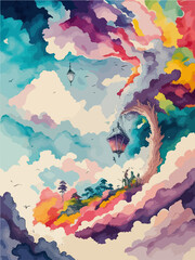 rainbow clouds, fantasy, wonderland, watercolor