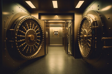 Exploring the Wealth of a Bank Vault: Unveiling the Golden Walls, Stacks of Gold Bars, and Currency Reserves, Generative AI.