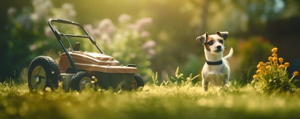 Gardeneer dog with mower working job profession in village garden, panorama. Generative Ai. - obrazy, fototapety, plakaty