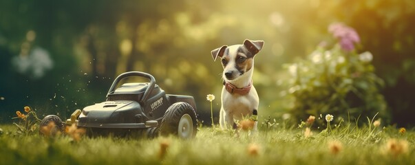 Gardeneer dog with mower working job profession in village garden, panorama. Generative Ai. - obrazy, fototapety, plakaty