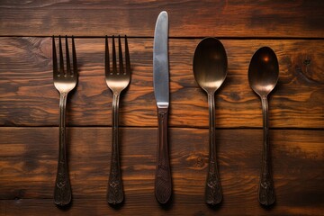 Antique spoon and fork, knife on a wooden table. Generative AI