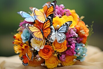 Beautiful delicate floral composition with fluttering butterflies. Butterfly bouquet