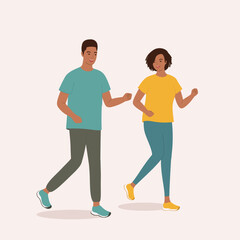 Obraz na płótnie Canvas Smiling Young Black Couple Running Together. Full Length. Flat Design Style, Character, Cartoon.