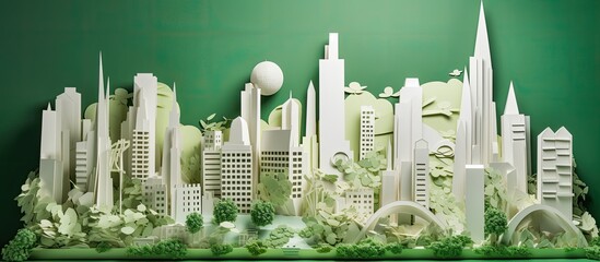 Stylized paper cityscape in shades of green with a spherical building.