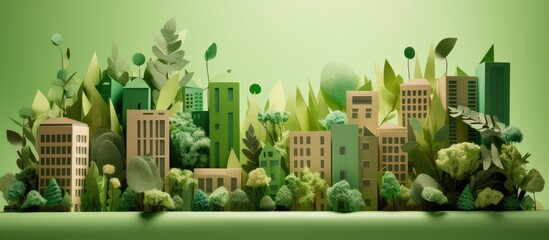 Artistic paper model of an urban landscape with green foliage.