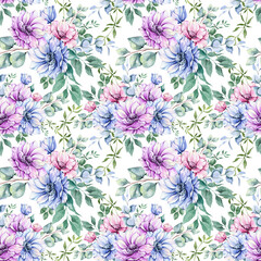 Elegant floral Seamless pattern with watercolor anemone flowers and greenery. Seamless floral background in pink, blue and purple colors