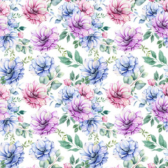 Elegant floral Seamless pattern with watercolor anemone flowers and greenery. Seamless floral background in pink, blue and purple colors