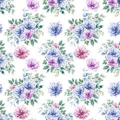 Fototapeta na wymiar Elegant floral Seamless pattern with watercolor anemone flowers and greenery. Seamless floral background in pink, blue and purple colors