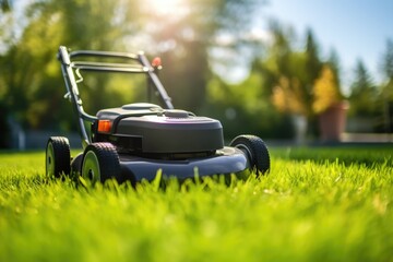 A lawn mower is being used to mow the grass. Generative Ai.