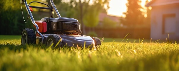 A lawn mower is being used to mow the grass, panorama. Generative Ai. - obrazy, fototapety, plakaty