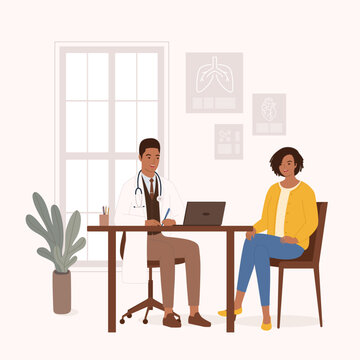 Smiling Black Male Doctor Or General Practitioner Having A Clinical Consultation While Writing Notes For A Young Woman Patient At His Office. Full Length. Flat Design Style, Character, Cartoon.