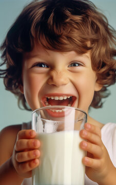 A smiling and adorable little child drinking a big glass of milk