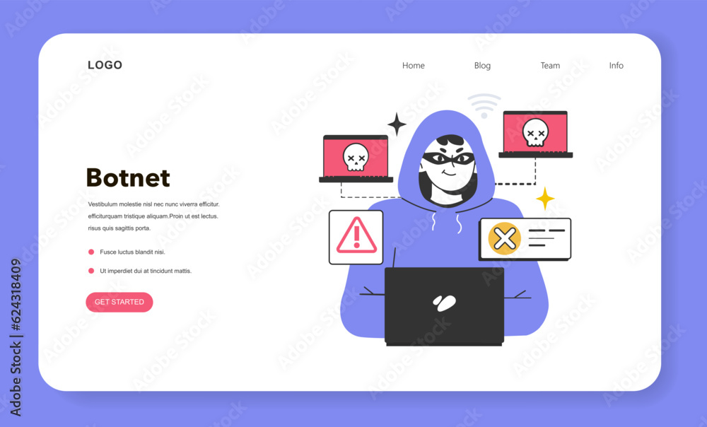 Poster botnet web banner or landing page. network of computers infected