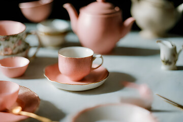 teapots and teacups on a table