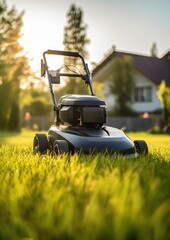 A lawn mower is being used to mow the grass. Generative Ai.