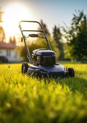 A lawn mower is being used to mow the grass. Generative Ai.