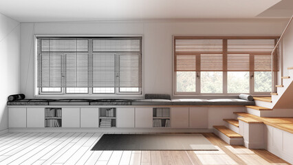 Architect interior designer concept: hand-drawn draft unfinished project that becomes real, minimal wooden living room, foyer. Bench, staircase and windows. Japandi style