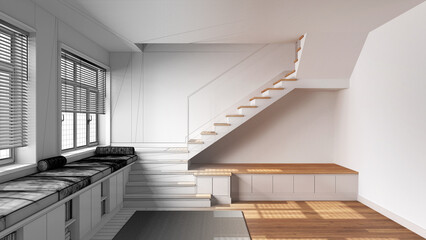 Architect interior designer concept: hand-drawn draft unfinished project that becomes real, modern scandinavian foyer, living room. Bench, staircase and windows. Japandi style