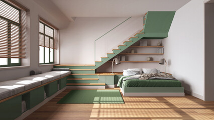 Wooden bedroom in white and green tones. Bed with duvet and pillows, shelves, minimal staircase and panoramic windows. Parquet, scandinavian interior design