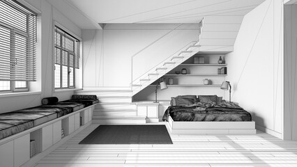 Blueprint unfinished project draft, wooden bedroom. Bed with duvet and pillows, shelves, minimal staircase and panoramic windows. Parquet, scandinavian interior design