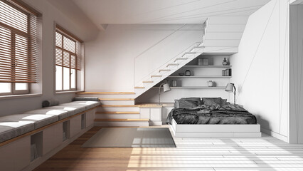 Architect interior designer concept: hand-drawn draft unfinished project that becomes real, wooden bedroom. Bed with duvet and pillows, staircase and windows. Scandinavian style