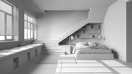 Total white project draft, wooden bedroom. Bed with duvet and pillows, shelves, minimal staircase and panoramic windows. Parquet, scandinavian interior design