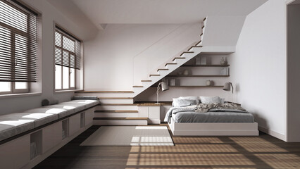 Dark wooden bedroom in white tones. Bed with duvet and pillows, shelves, minimal staircase and panoramic windows. Parquet, scandinavian interior design