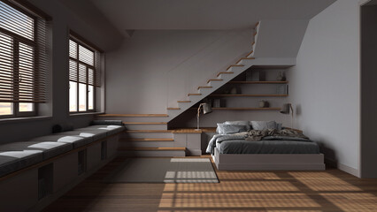 Dark late evening scene, wooden bedroom. Bed with duvet and pillows, shelves, minimal staircase and panoramic windows. Parquet, scandinavian interior design