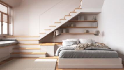 Blurred background, wooden bedroom. Double bed with blankets and pillows, minimal staircase and panoramic windows. Parquet, scandinavian interior design