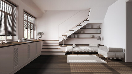 Dark wooden kitchen and living room in white and beige tones. Cabinets with appliances, sofa, minimal staircase and panoramic windows. Parquet, scandinavian interior design