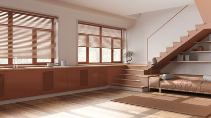 Minimal wooden kitchen and living room in white and orange tones. Cabinets, sofa, minimal staircase and panoramic windows. Parquet, japandi interior design