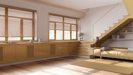 Minimal wooden kitchen and living room in white and yellow tones. Cabinets, sofa, minimal staircase and panoramic windows. Parquet, japandi interior design