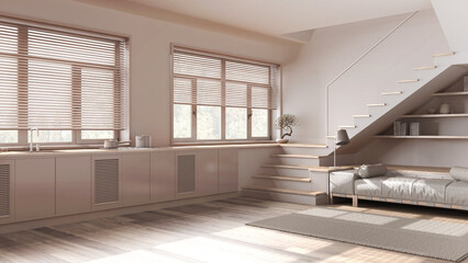 Minimal bleached wooden kitchen and living room in white and beige tones. Cabinets, sofa, minimal staircase and panoramic windows. Parquet, japandi interior design