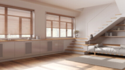 Blurred background, minimal wooden kitchen and living room. Cabinets, sofa, minimal staircase and panoramic windows. Parquet, japandi interior design