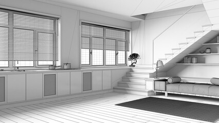 Blueprint unfinished project draft, minimal wooden kitchen and living room. Cabinets, sofa, minimal staircase and panoramic windows. Parquet, japandi interior design