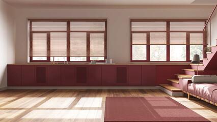 Modern scandinavian wooden kitchen and living room in red tones. Cabinets with appliances, sofa, staircase and panoramic windows. Parquet, minimal japandi interior design