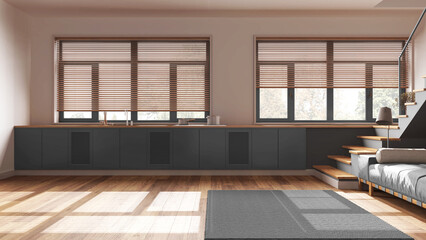 Modern scandinavian wooden kitchen and living room in gray tones. Cabinets with appliances, sofa, staircase and panoramic windows. Parquet, minimal japandi interior design