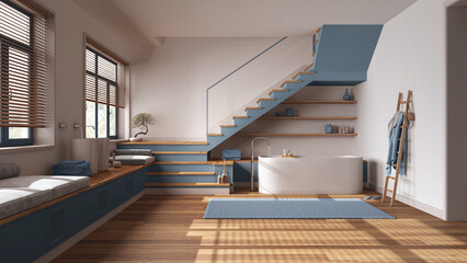 Wooden bathroom in white and blue tones. Bathtub and washbasin, shelves, minimal staircase and panoramic windows. Parquet, scandinavian interior design